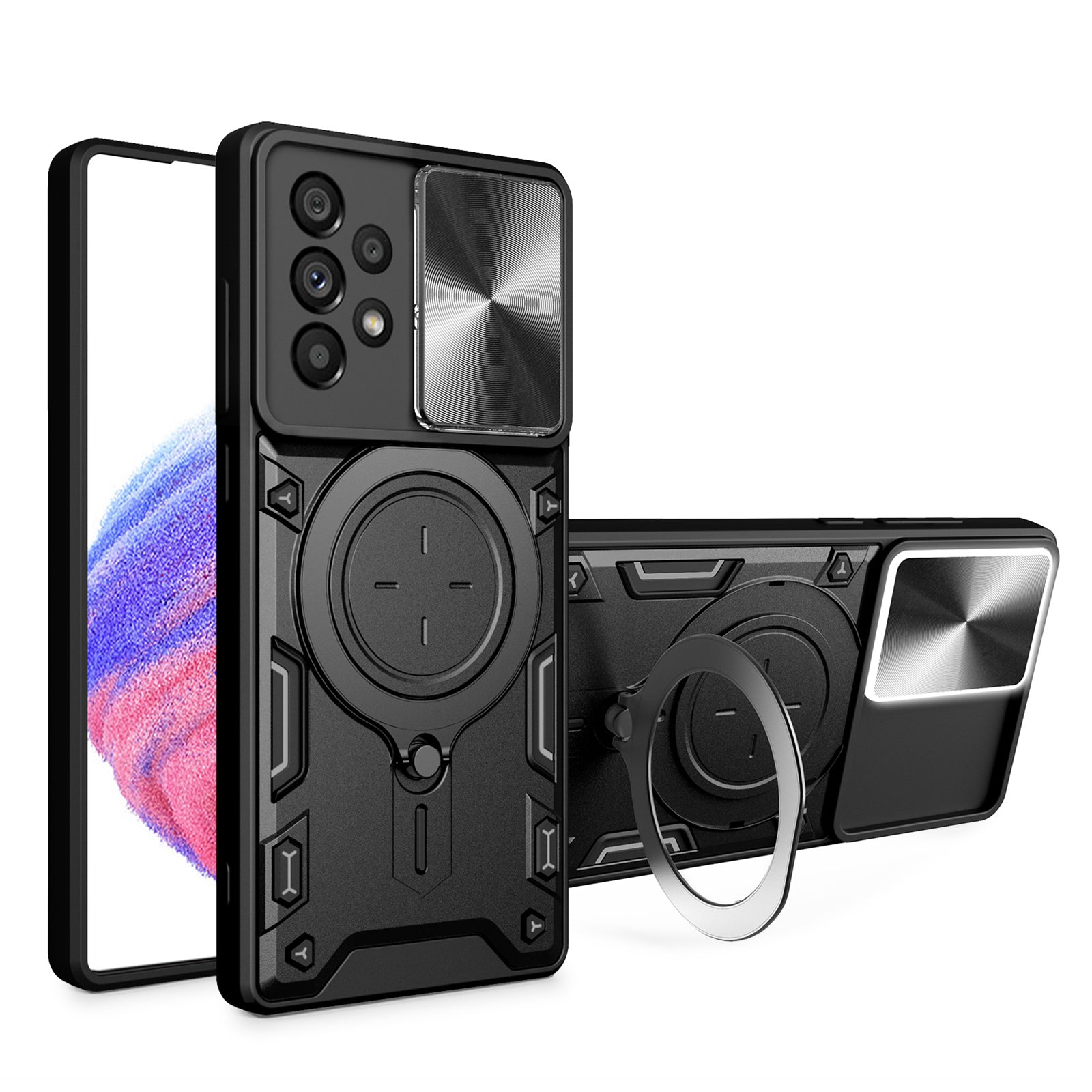 For Samsung Galaxy A53 5G TPU+PC Phone Case Kickstand Shockproof Cover with Slide Camera Lens Protector