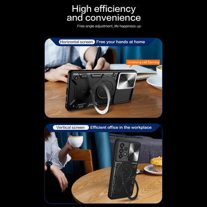 For Samsung Galaxy A53 5G TPU+PC Phone Case Kickstand Shockproof Cover with Slide Camera Lens Protector