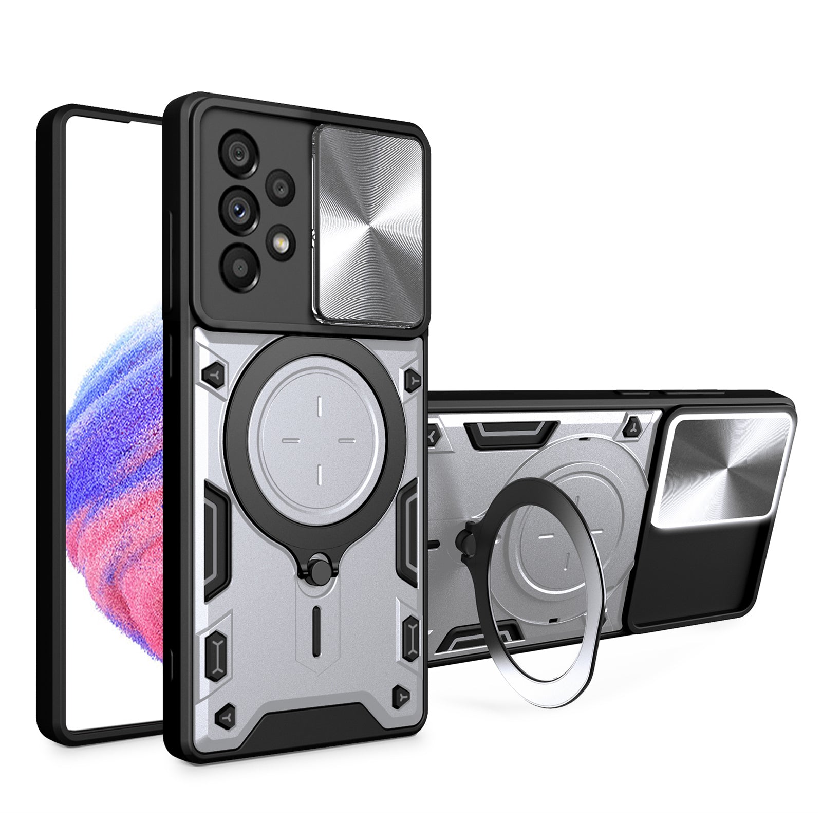 For Samsung Galaxy A53 5G TPU+PC Phone Case Kickstand Shockproof Cover with Slide Camera Lens Protector