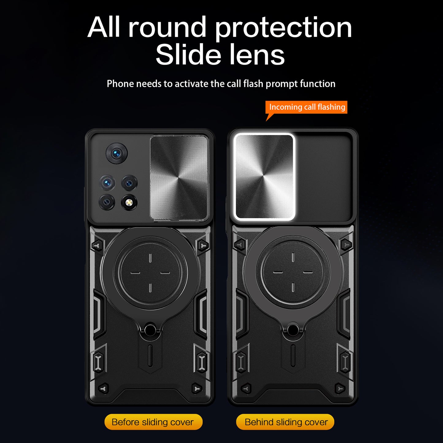 Phone Case for Xiaomi Redmi Note 11 Pro 4G (MediaTek) / Note 11 Pro 5G (Qualcomm) / Note 11E Pro 5G / Note 11 Pro+ 5G (India) , Slide Lens Protection TPU+PC Kickstand Cover