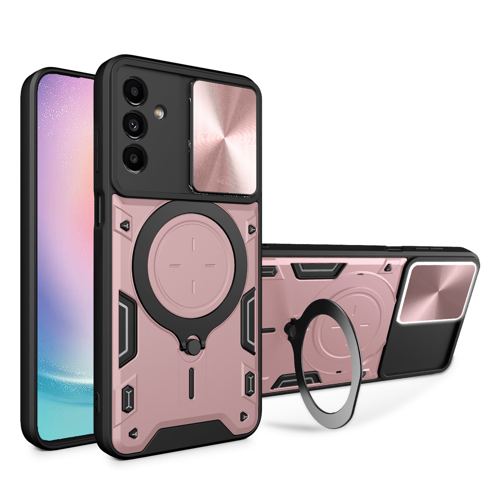 For Samsung Galaxy A24 4G Rotating Kickstand Cover TPU+PC Phone Case with Slide Camera Lens Protector