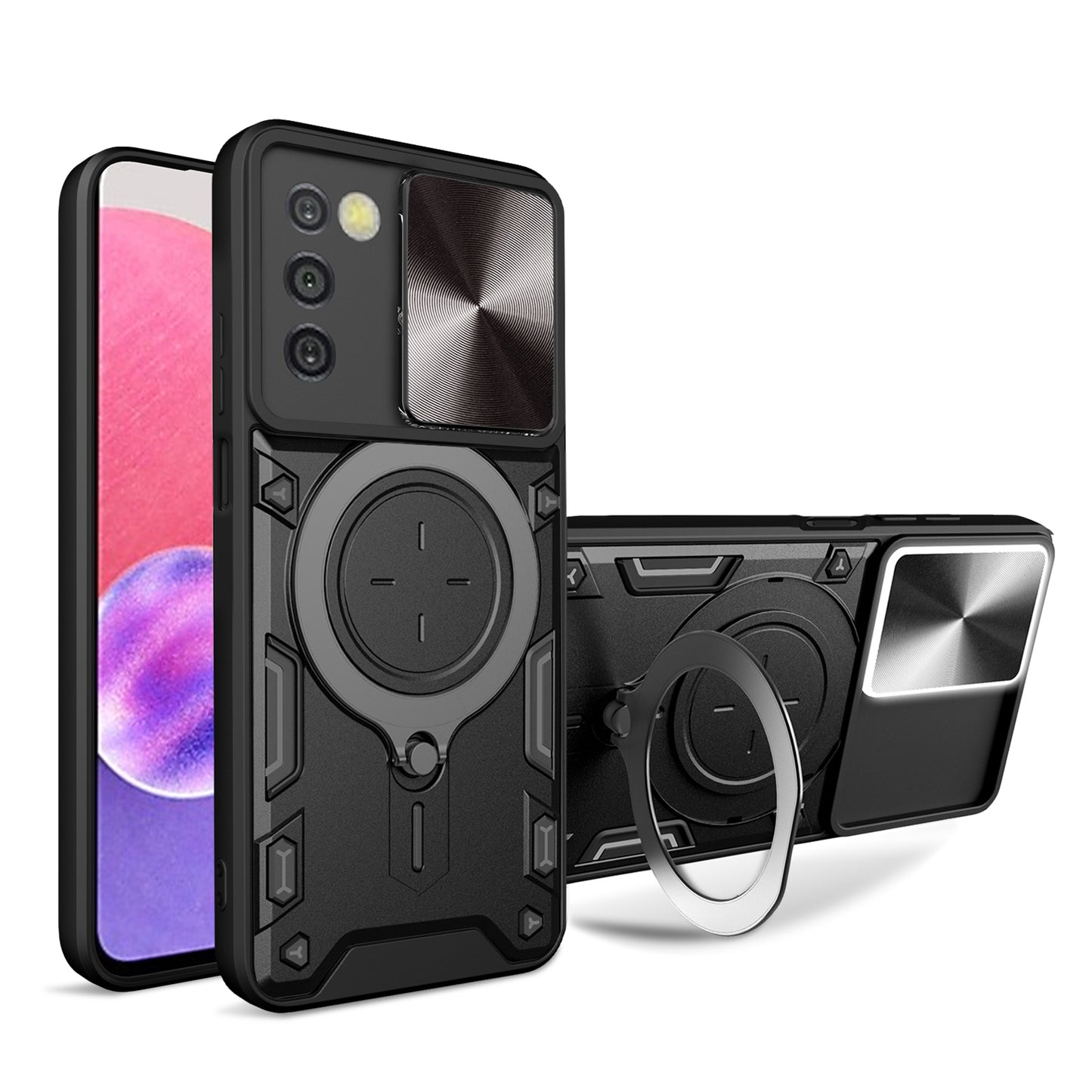 TPU+PC Phone Case for Samsung Galaxy A03s (166.5 x 75.98 x 9.14mm) Slide Lens Protection Kickstand Cover