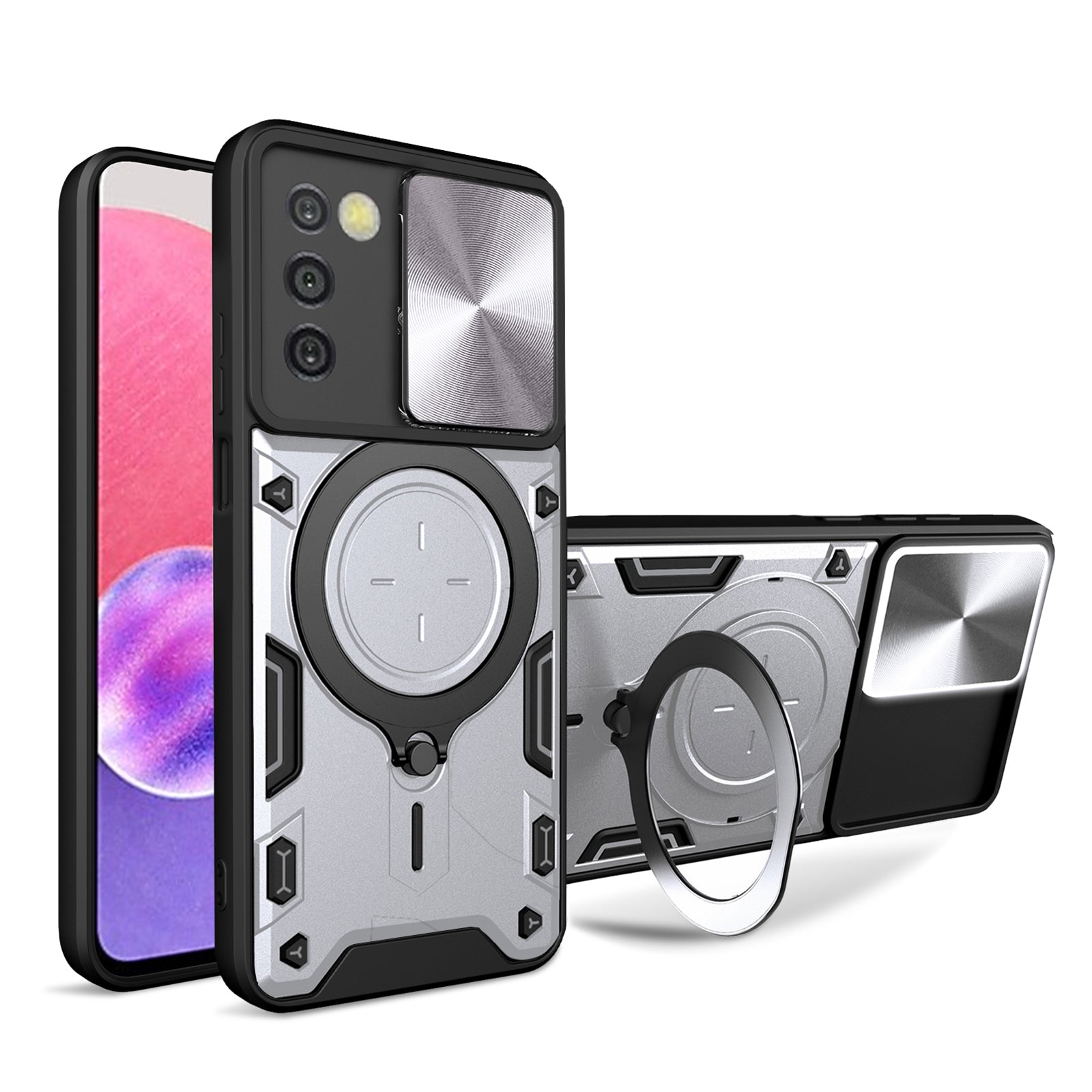 TPU+PC Phone Case for Samsung Galaxy A03s (166.5 x 75.98 x 9.14mm) Slide Lens Protection Kickstand Cover