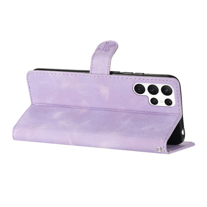 For Samsung Galaxy S22 Ultra 5G Leather Drop-proof Phone Case Flower Imprint Wallet Stand Cover