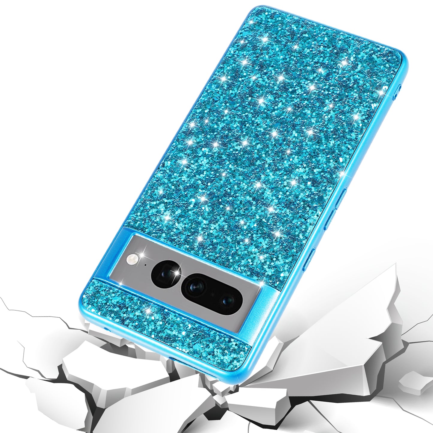 For Google Pixel 7a Phone Cover Electroplating TPU Frame Hard PC Back Case with Shiny Glitter Sequins Decor