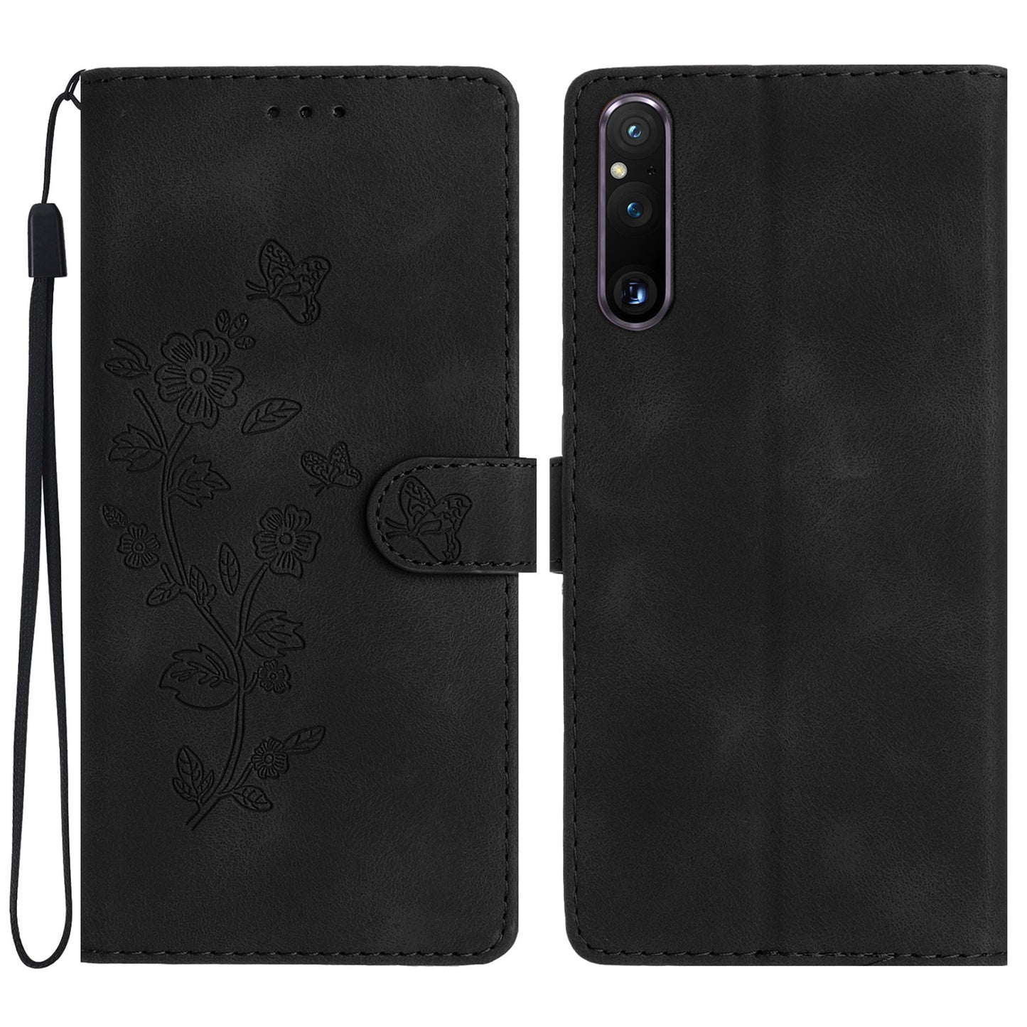 Flower Imprint Leather Case for Sony Xperia 1 V , Wallet Stand Anti-scratch Mobile Phone Cover