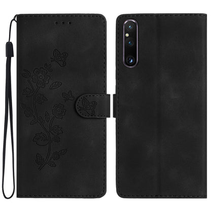 Flower Imprint Leather Case for Sony Xperia 1 V , Wallet Stand Anti-scratch Mobile Phone Cover