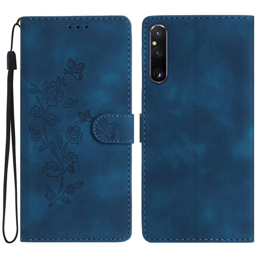 Flower Imprint Leather Case for Sony Xperia 1 V , Wallet Stand Anti-scratch Mobile Phone Cover