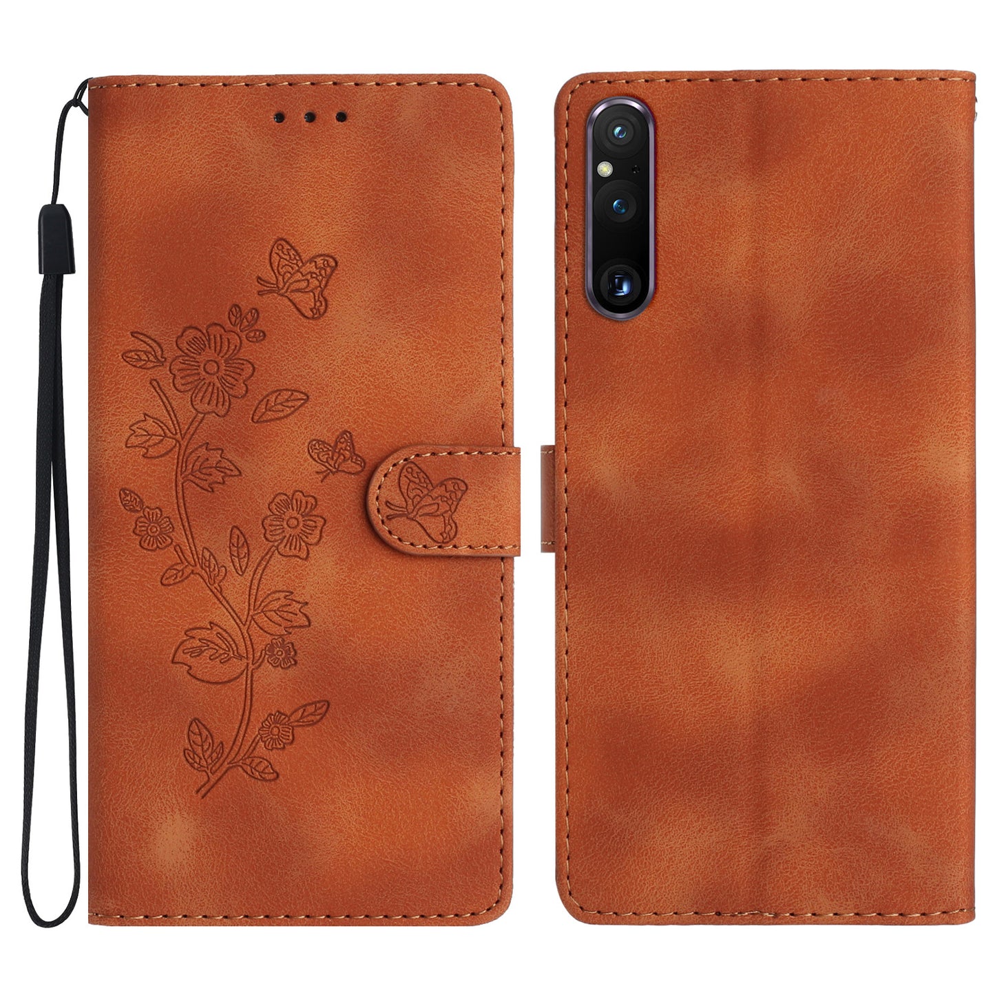 Flower Imprint Leather Case for Sony Xperia 1 V , Wallet Stand Anti-scratch Mobile Phone Cover