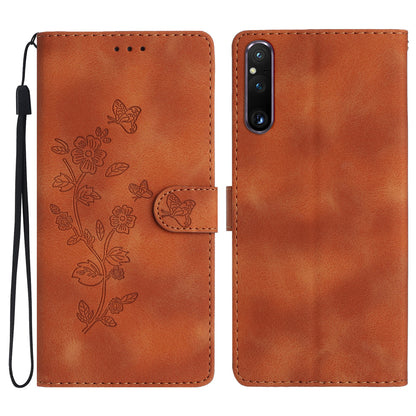 Flower Imprint Leather Case for Sony Xperia 1 V , Wallet Stand Anti-scratch Mobile Phone Cover