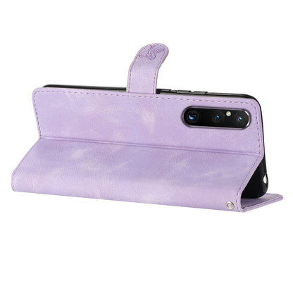 Flower Imprint Leather Case for Sony Xperia 1 V , Wallet Stand Anti-scratch Mobile Phone Cover