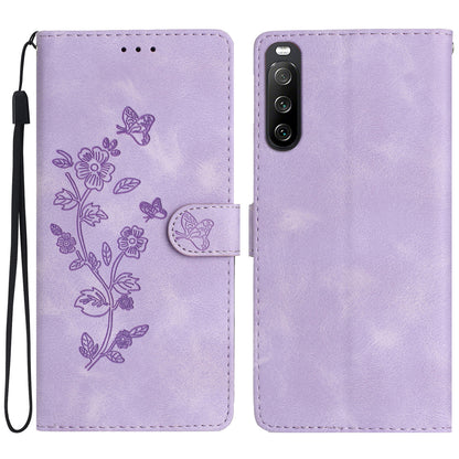 Leather Case for Sony Xperia 10 V , Fingerprint Proof Wallet Stand Flower Imprint Phone Cover