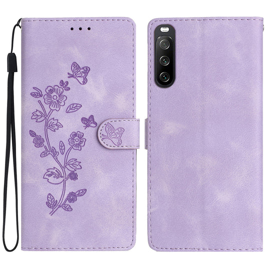 Leather Case for Sony Xperia 10 V , Fingerprint Proof Wallet Stand Flower Imprint Phone Cover