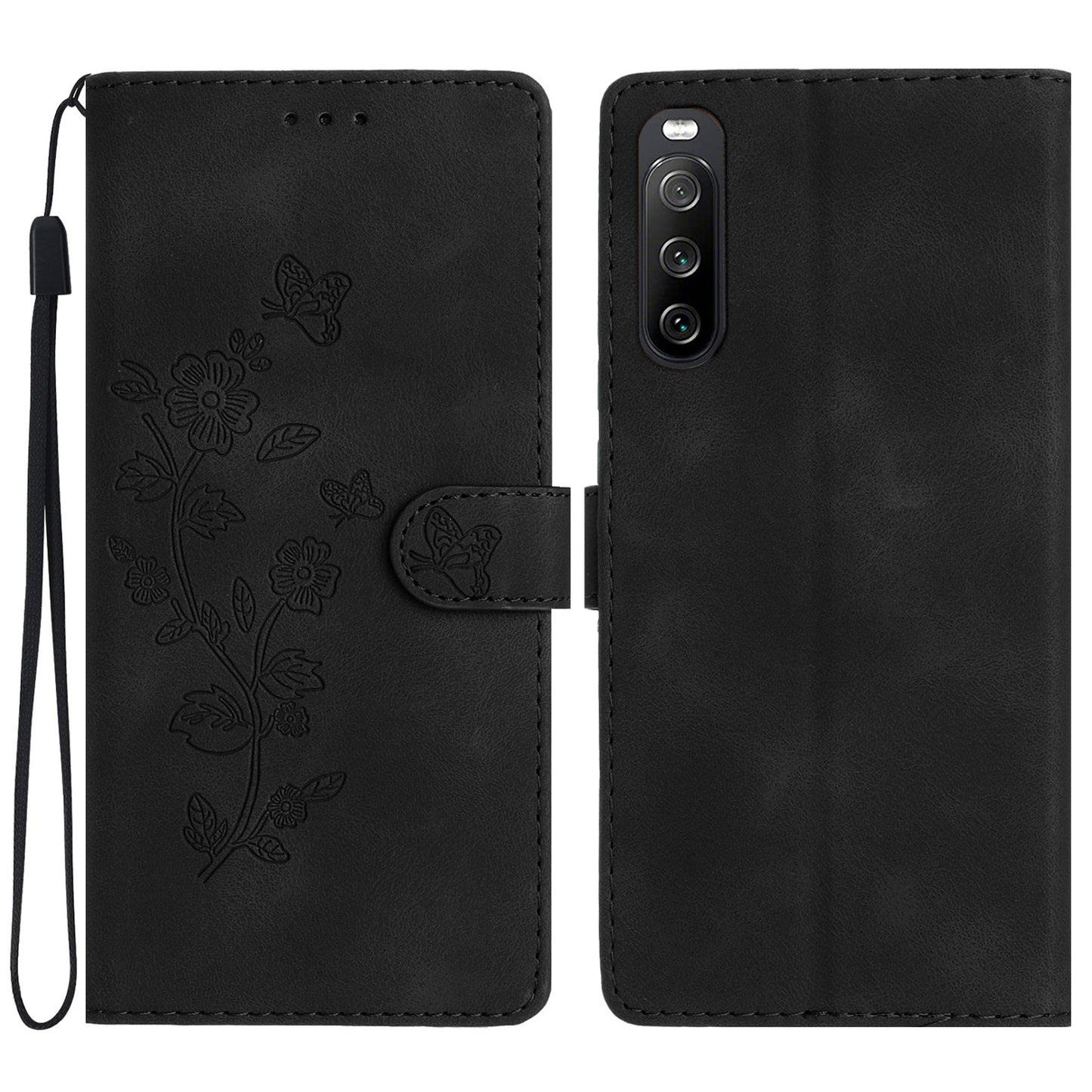 Leather Case for Sony Xperia 10 V , Fingerprint Proof Wallet Stand Flower Imprint Phone Cover