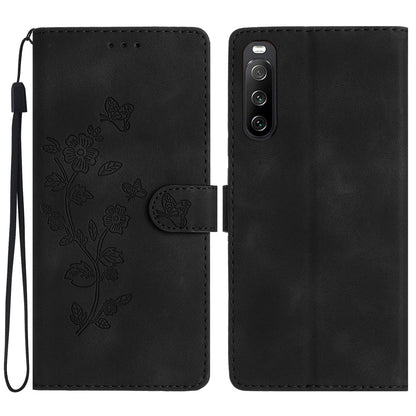 Leather Case for Sony Xperia 10 V , Fingerprint Proof Wallet Stand Flower Imprint Phone Cover