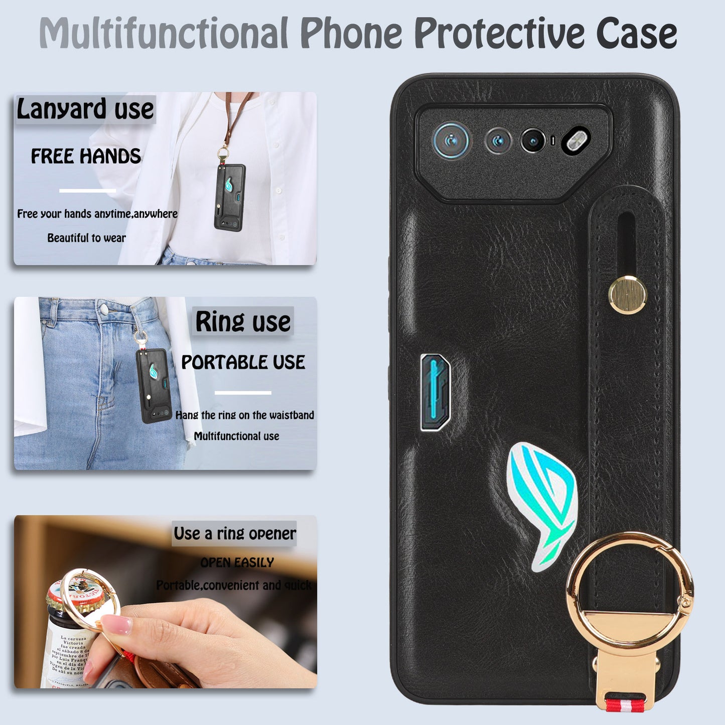 For Asus ROG Phone 7 5G Wristband Kickstand Phone Case PU Leather Coated PC+TPU Cover with Bottle Opener
