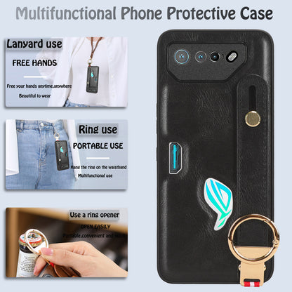 For Asus ROG Phone 7 5G Wristband Kickstand Phone Case PU Leather Coated PC+TPU Cover with Bottle Opener