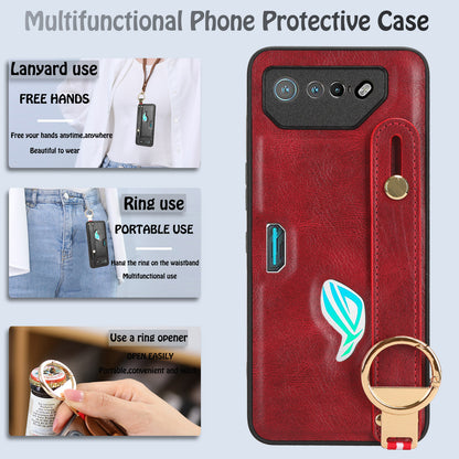 For Asus ROG Phone 7 5G Wristband Kickstand Phone Case PU Leather Coated PC+TPU Cover with Bottle Opener