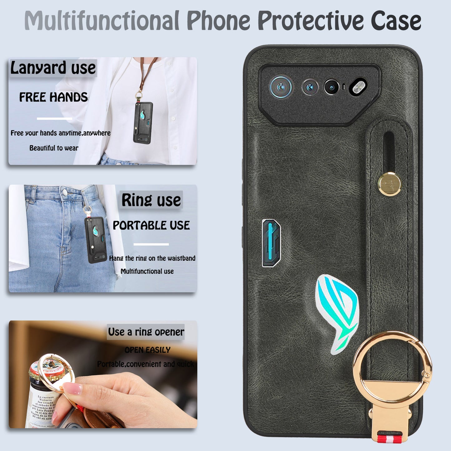 For Asus ROG Phone 7 5G Wristband Kickstand Phone Case PU Leather Coated PC+TPU Cover with Bottle Opener