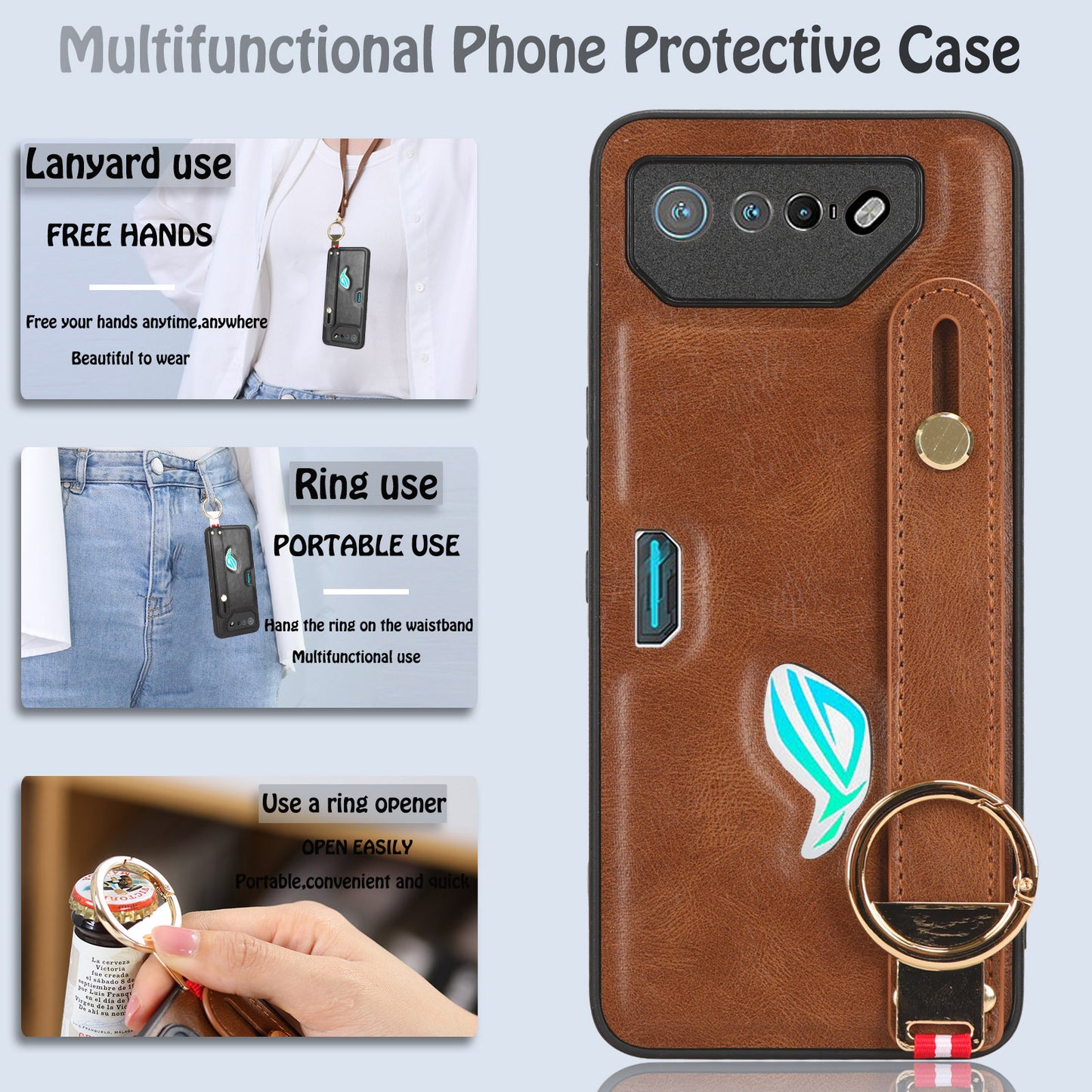 For Asus ROG Phone 7 5G Wristband Kickstand Phone Case PU Leather Coated PC+TPU Cover with Bottle Opener