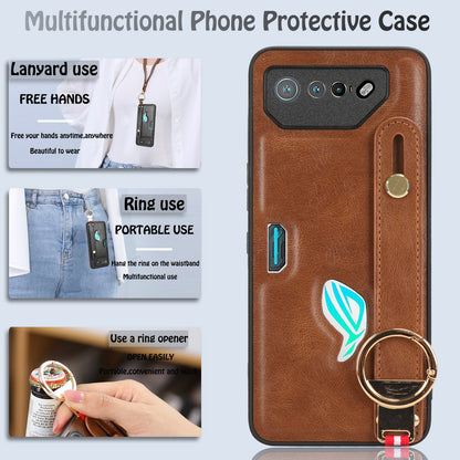 For Asus ROG Phone 7 5G Wristband Kickstand Phone Case PU Leather Coated PC+TPU Cover with Bottle Opener