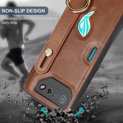 For Asus ROG Phone 7 5G Wristband Kickstand Phone Case PU Leather Coated PC+TPU Cover with Bottle Opener