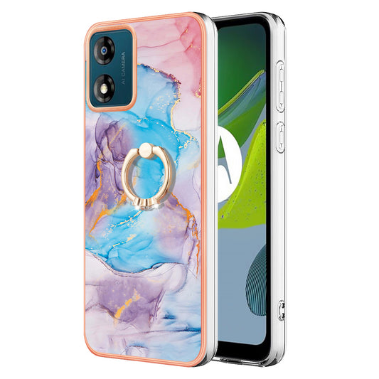 YB IMD Series-6 for Motorola Moto E13 4G Electroplated Frame TPU Case Marble Pattern Ring Kickstand Phone Cover