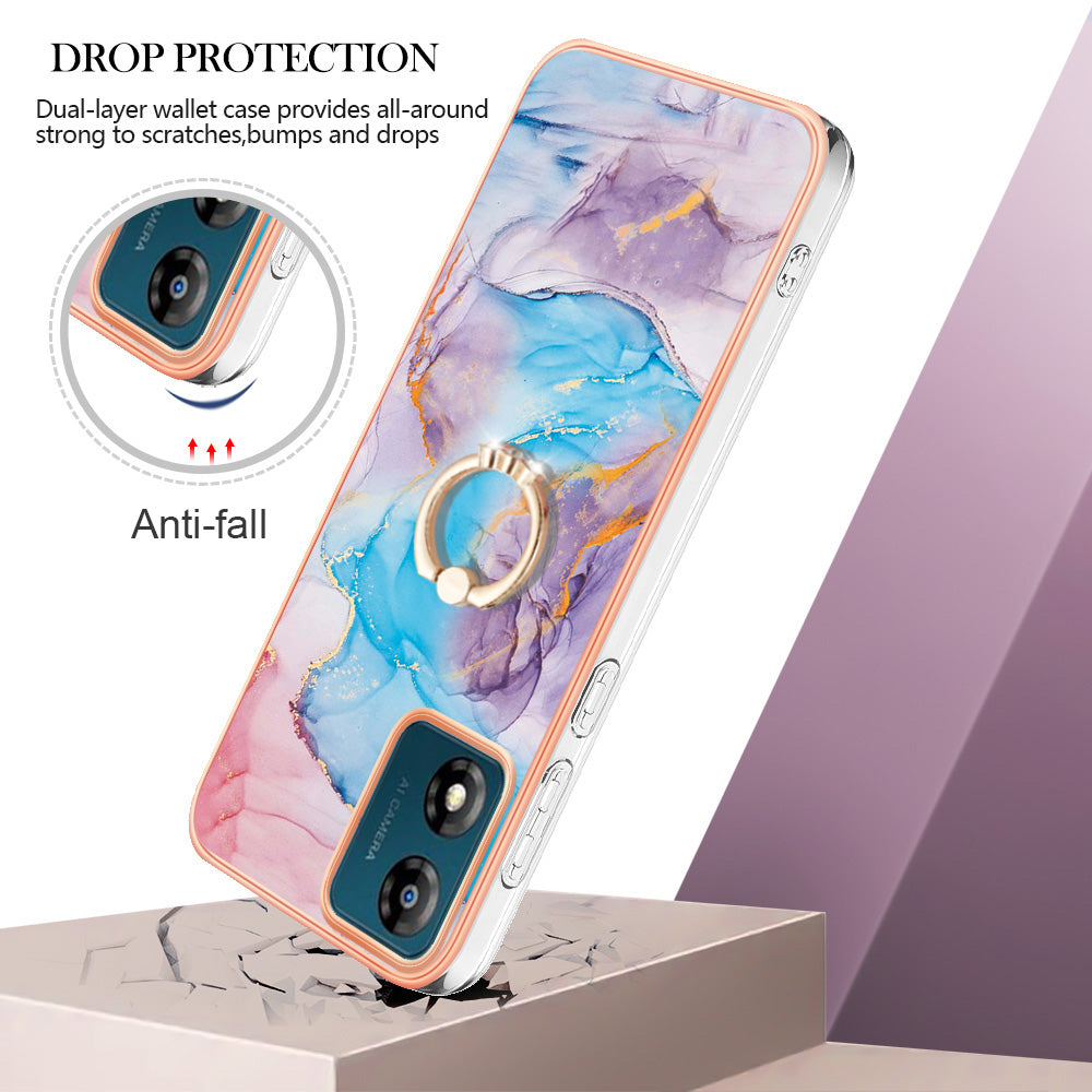 YB IMD Series-6 for Motorola Moto E13 4G Electroplated Frame TPU Case Marble Pattern Ring Kickstand Phone Cover