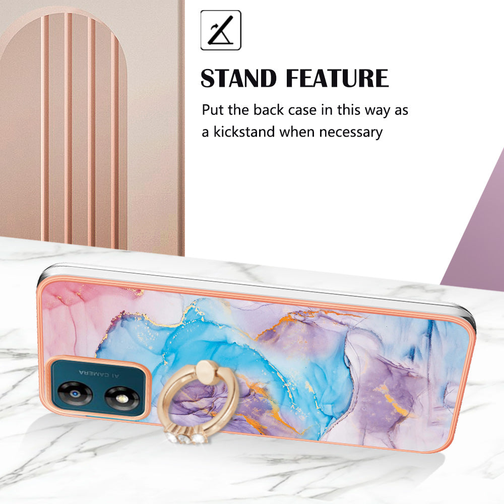 YB IMD Series-6 for Motorola Moto E13 4G Electroplated Frame TPU Case Marble Pattern Ring Kickstand Phone Cover