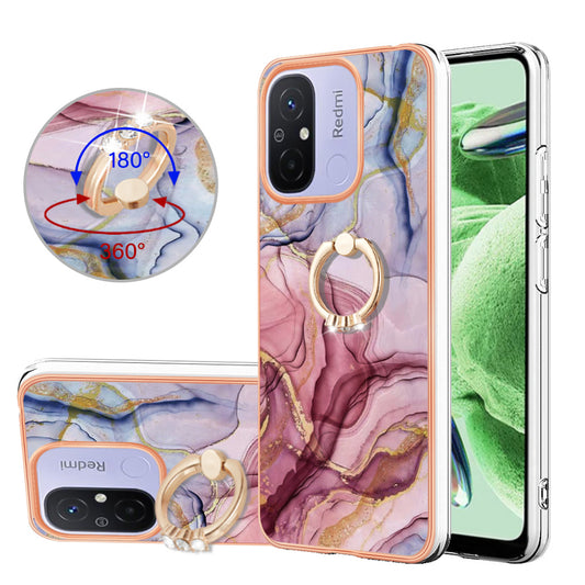 YB IMD Series-17 Style-E for Xiaomi Redmi 12C 4G / 11A 4G Marble Pattern Phone Case 2.0mm TPU Electroplated Edge Kickstand Cover