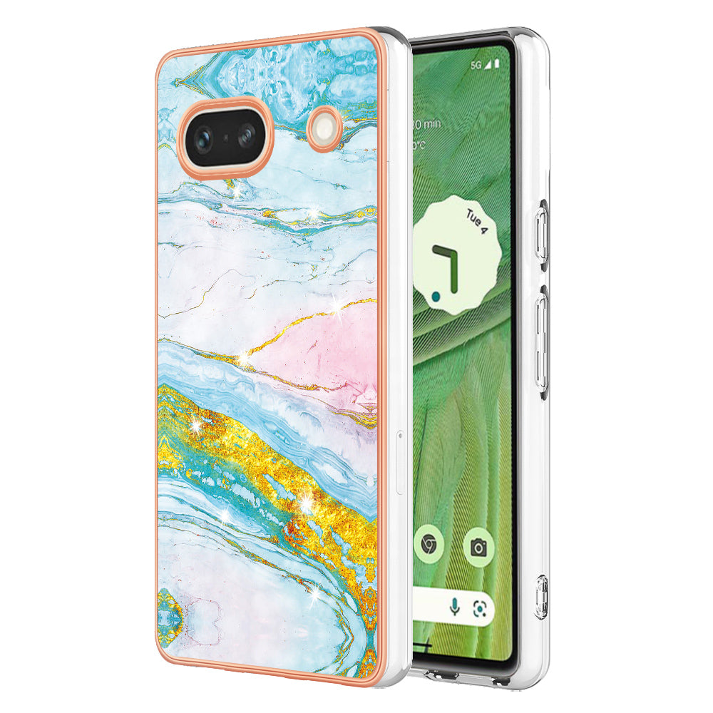 YB IMD Series-2 Marble Pattern Phone Case for Google Pixel 7a TPU Electroplated IMD Protective Cover