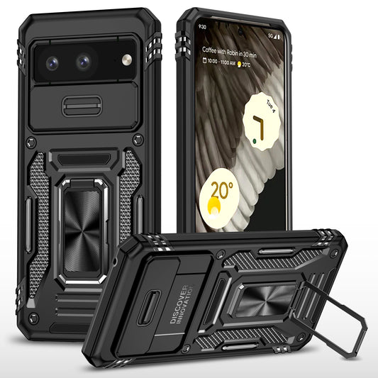 For Google Pixel 8 Armor Series PC + TPU Phone Case Ring Kickstand Cover with Slide Camera Window