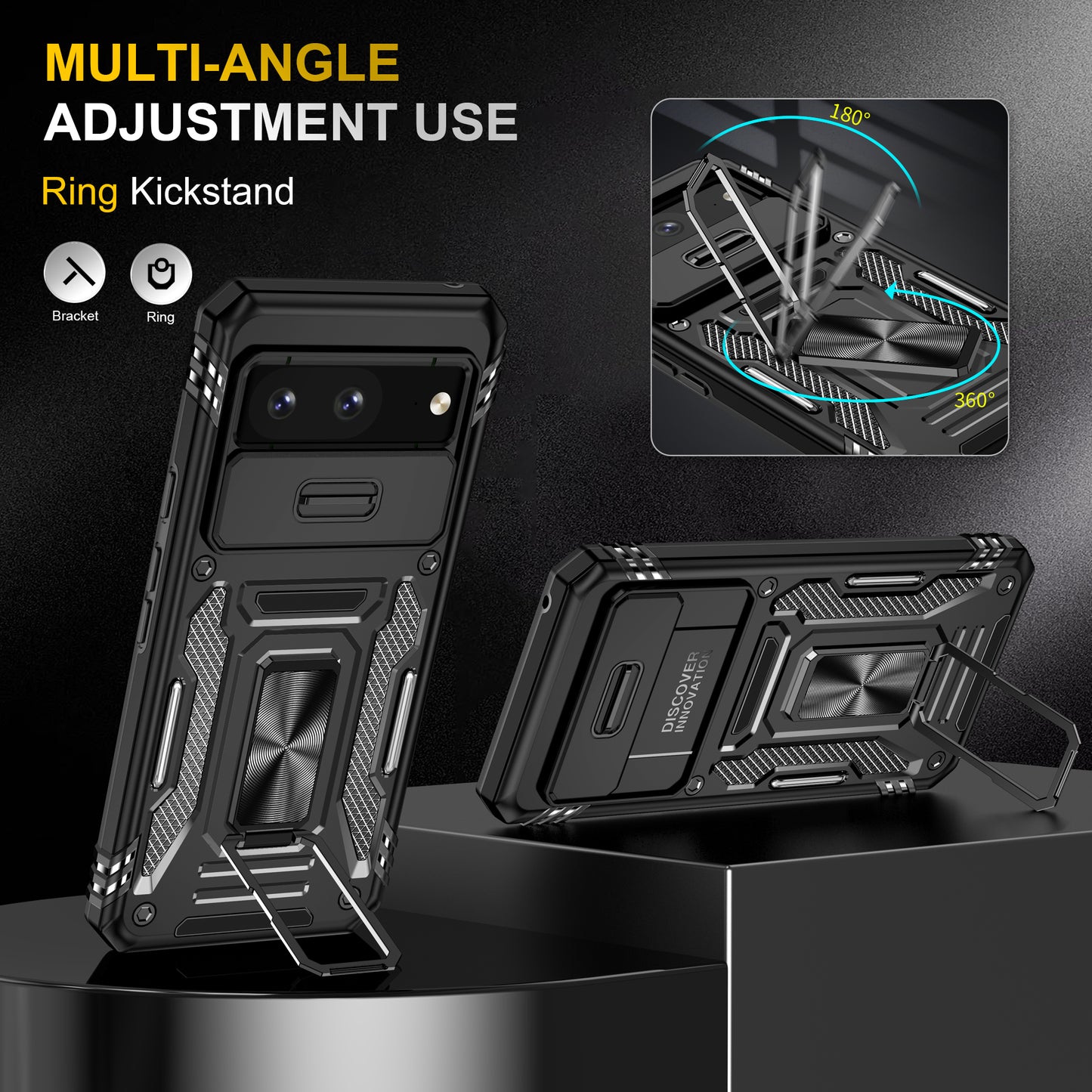 For Google Pixel 8 Armor Series PC + TPU Phone Case Ring Kickstand Cover with Slide Camera Window