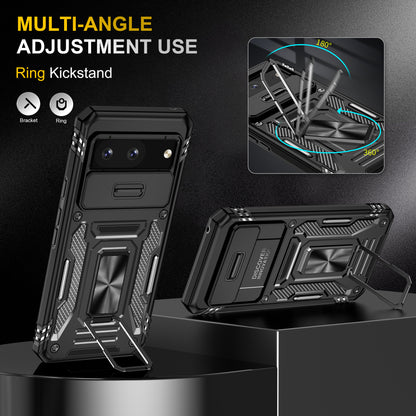 For Google Pixel 8 Armor Series PC + TPU Phone Case Ring Kickstand Cover with Slide Camera Window