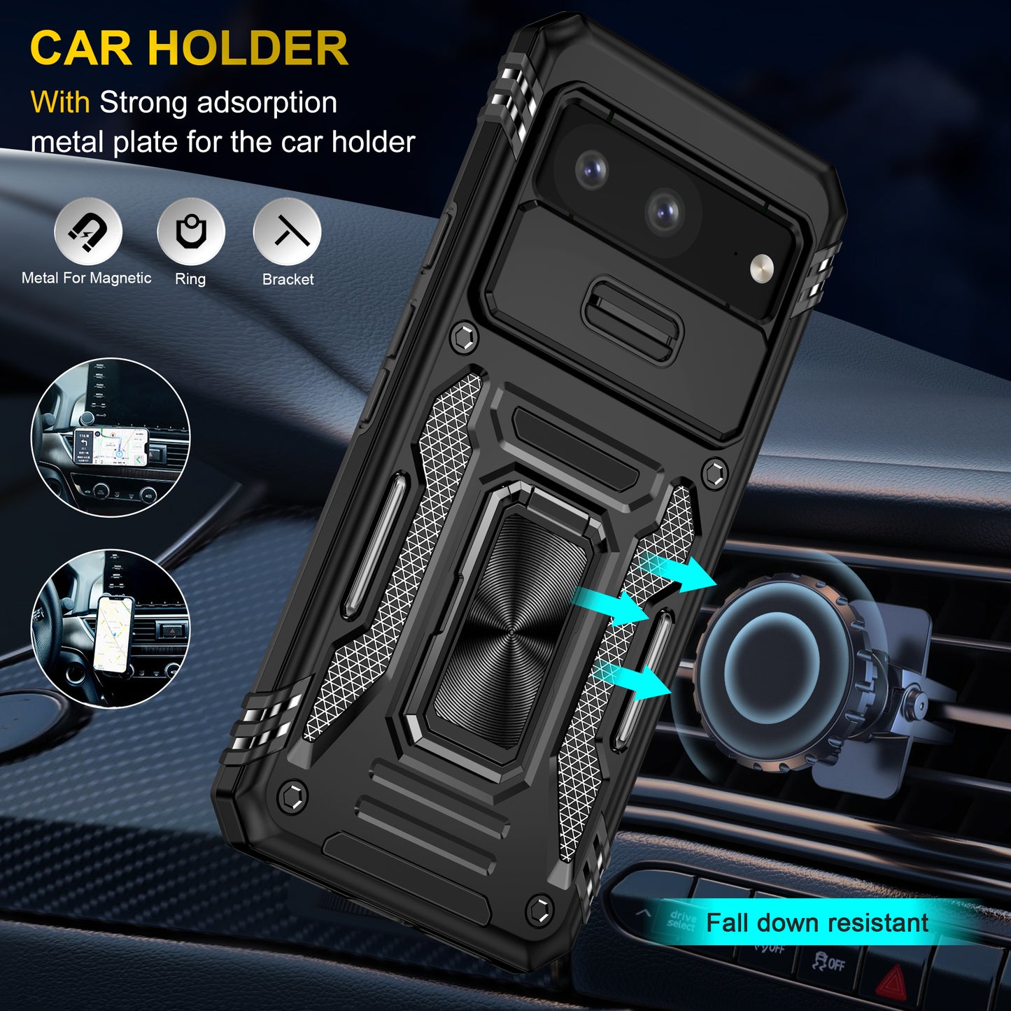 For Google Pixel 8 Armor Series PC + TPU Phone Case Ring Kickstand Cover with Slide Camera Window