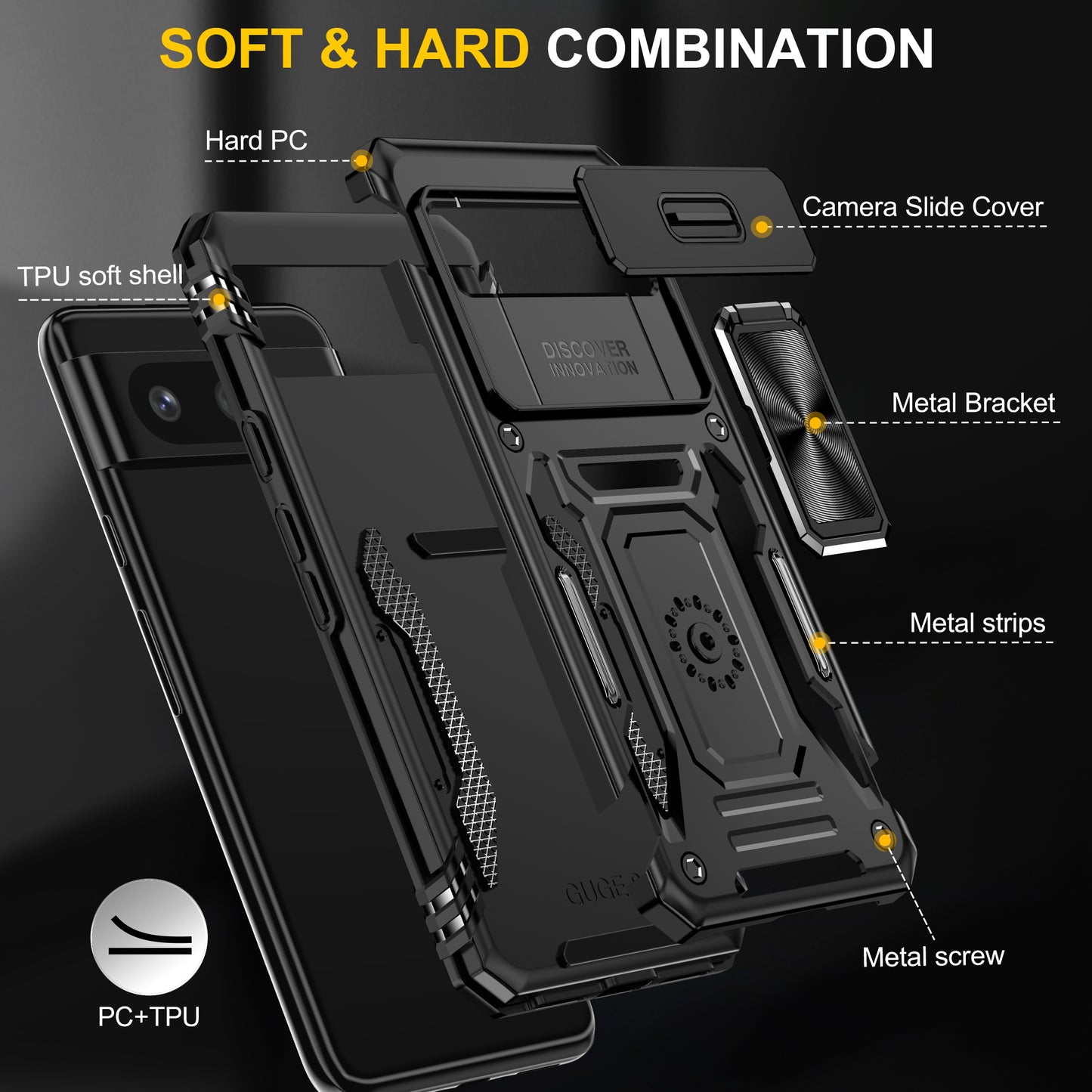 For Google Pixel 8 Armor Series PC + TPU Phone Case Ring Kickstand Cover with Slide Camera Window