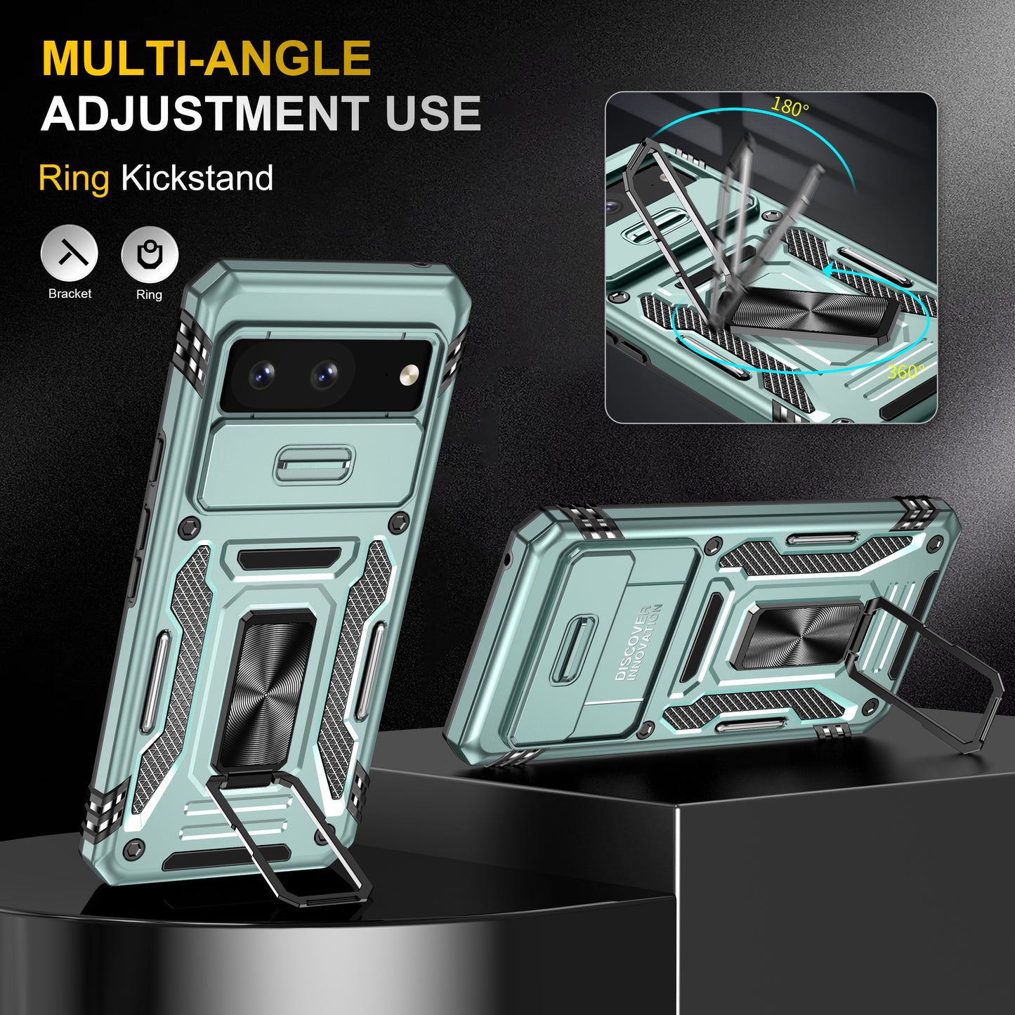 For Google Pixel 8 Armor Series PC + TPU Phone Case Ring Kickstand Cover with Slide Camera Window