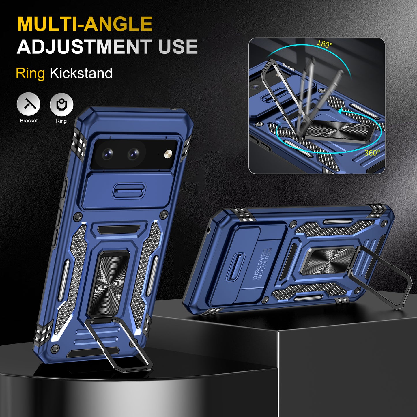 For Google Pixel 8 Armor Series PC + TPU Phone Case Ring Kickstand Cover with Slide Camera Window