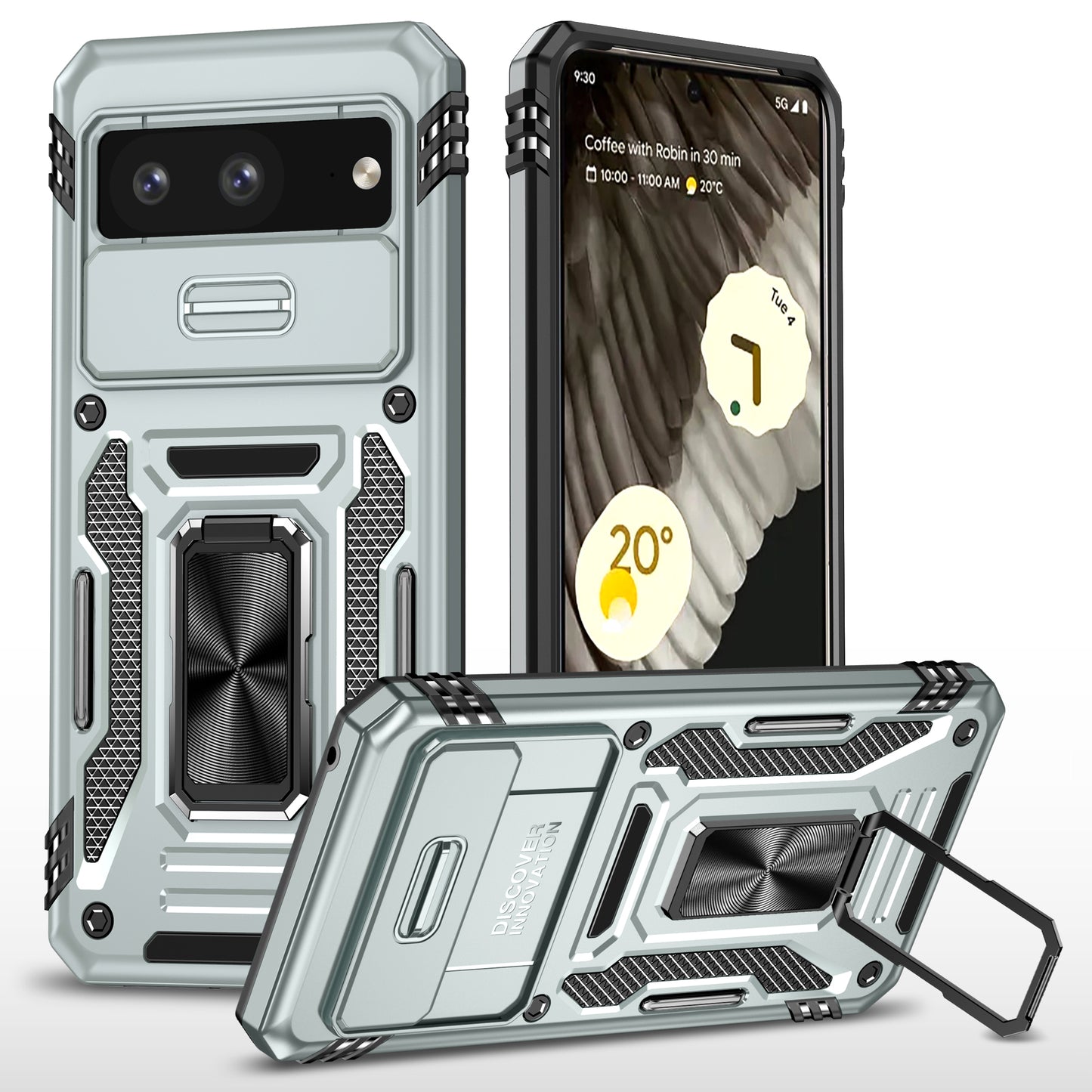 For Google Pixel 8 Armor Series PC + TPU Phone Case Ring Kickstand Cover with Slide Camera Window