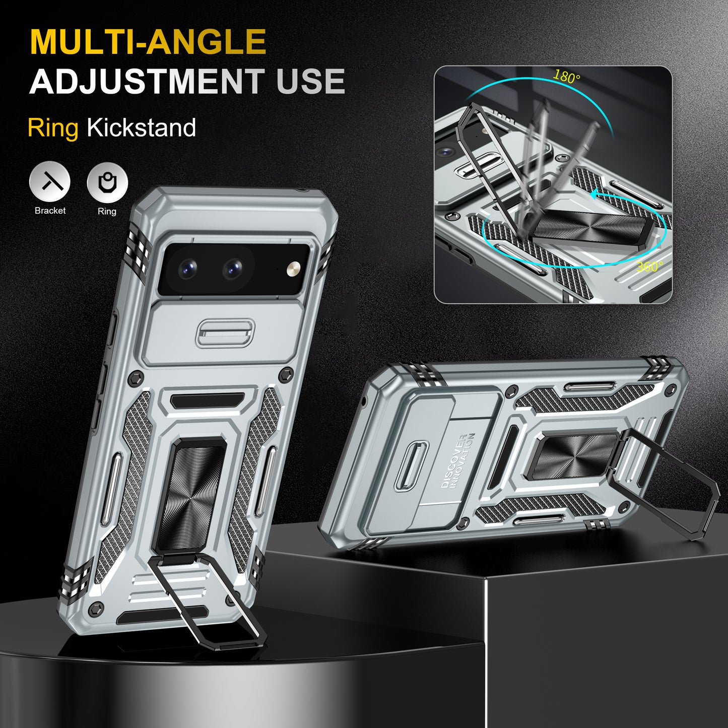 For Google Pixel 8 Armor Series PC + TPU Phone Case Ring Kickstand Cover with Slide Camera Window