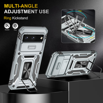 For Google Pixel 8 Armor Series PC + TPU Phone Case Ring Kickstand Cover with Slide Camera Window