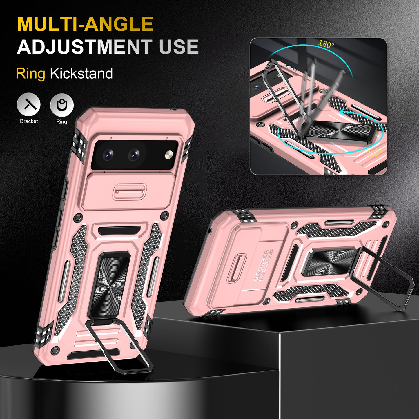 For Google Pixel 8 Armor Series PC + TPU Phone Case Ring Kickstand Cover with Slide Camera Window