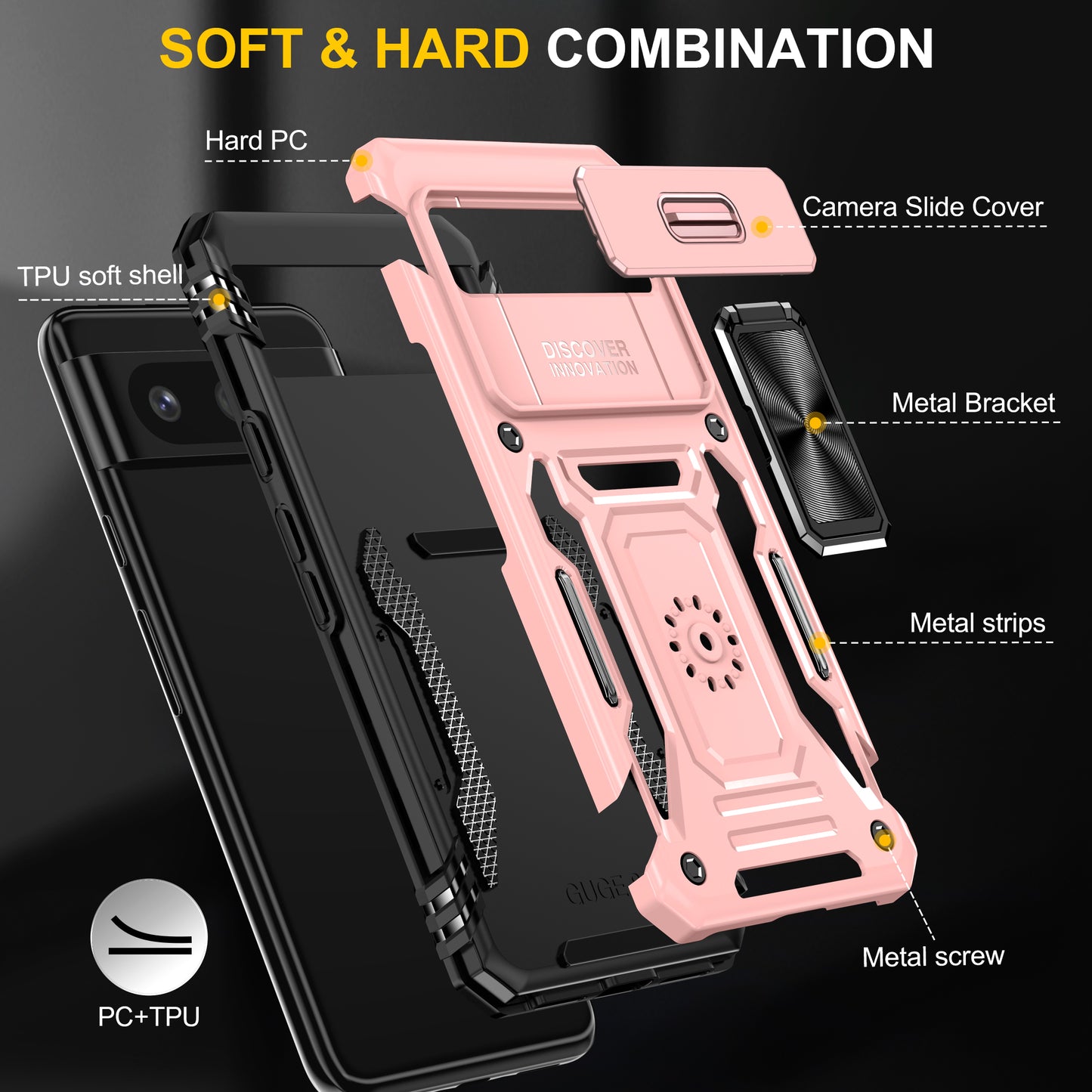 For Google Pixel 8 Armor Series PC + TPU Phone Case Ring Kickstand Cover with Slide Camera Window