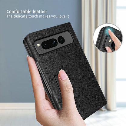 For Google Pixel Fold Hinge Protection PU Leather+PC Cover Kickstand Phone Case