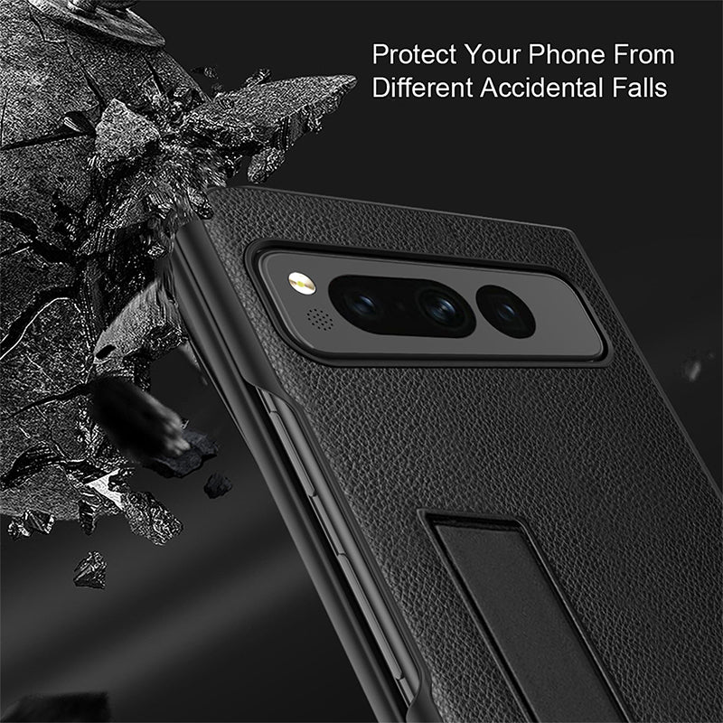 For Google Pixel Fold Hinge Protection PU Leather+PC Cover Kickstand Phone Case