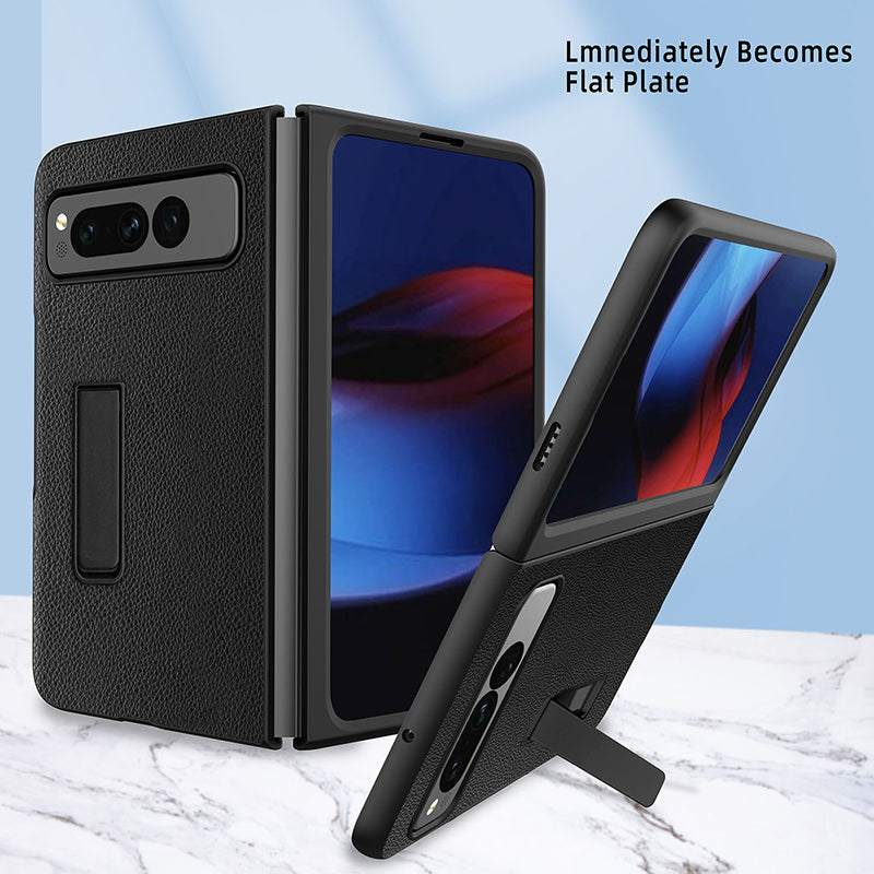 For Google Pixel Fold Hinge Protection PU Leather+PC Cover Kickstand Phone Case