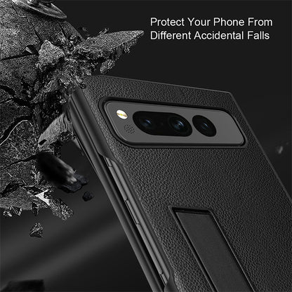 For Google Pixel Fold Hinge Protection PU Leather+PC Cover Kickstand Phone Case