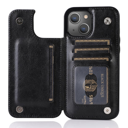 For iPhone 14 Plus PU Leather Coated TPU Phone Case Crazy Horse Texture Card Holder Kickstand Cover