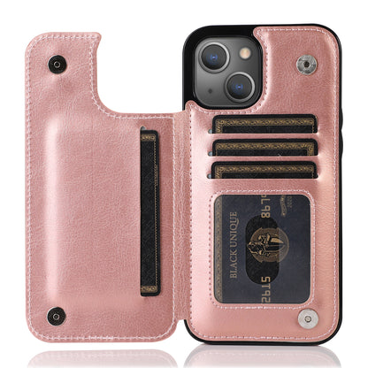 For iPhone 14 Plus PU Leather Coated TPU Phone Case Crazy Horse Texture Card Holder Kickstand Cover