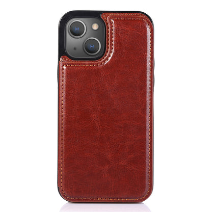 For iPhone 14 Plus PU Leather Coated TPU Phone Case Crazy Horse Texture Card Holder Kickstand Cover